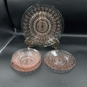 Jeannette Depression Glass Pink  Button & Bows 4 Piece Set Plate Soup Salad 9"